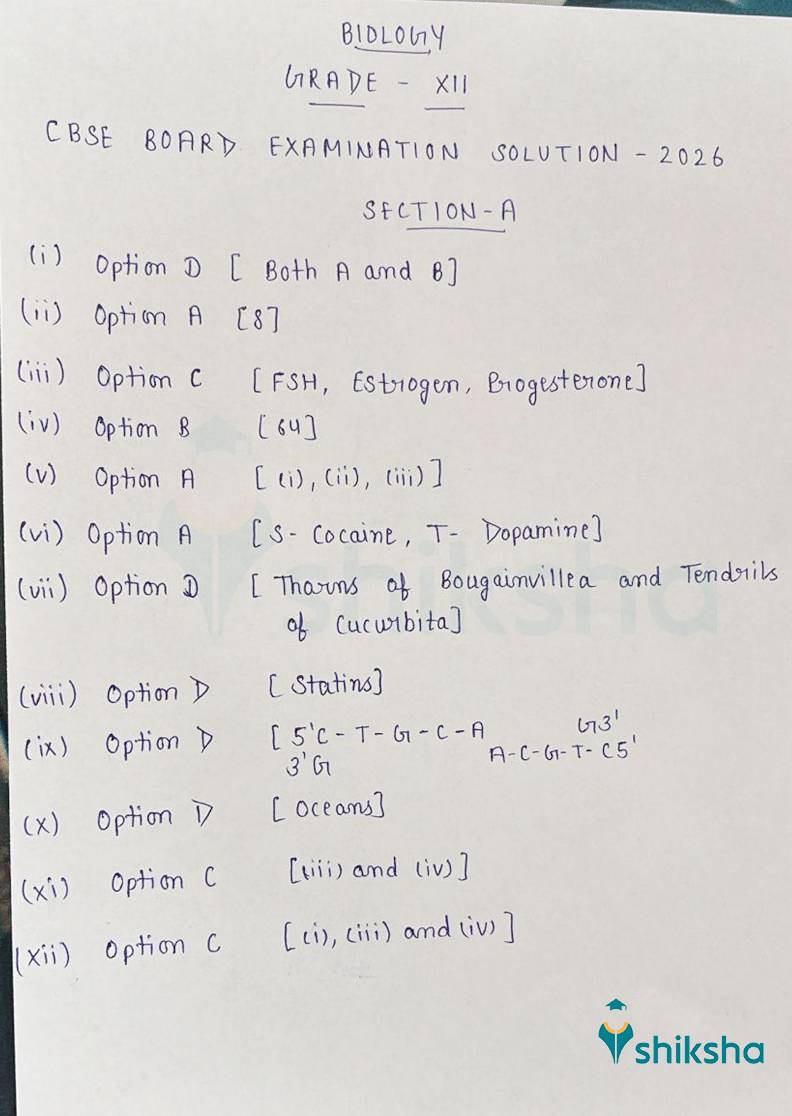 CBSE 12th Biology Answer Key 2026