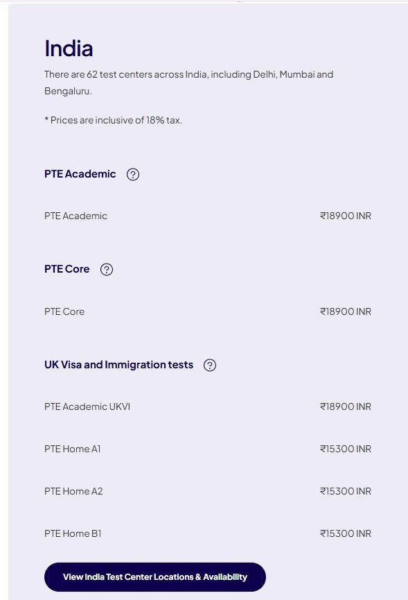 PTE Exam Fees in India