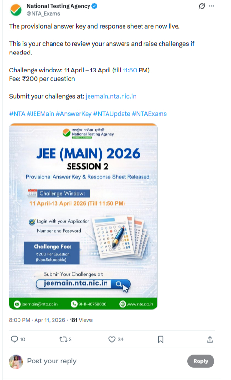 JEE Mains answer keys 2026