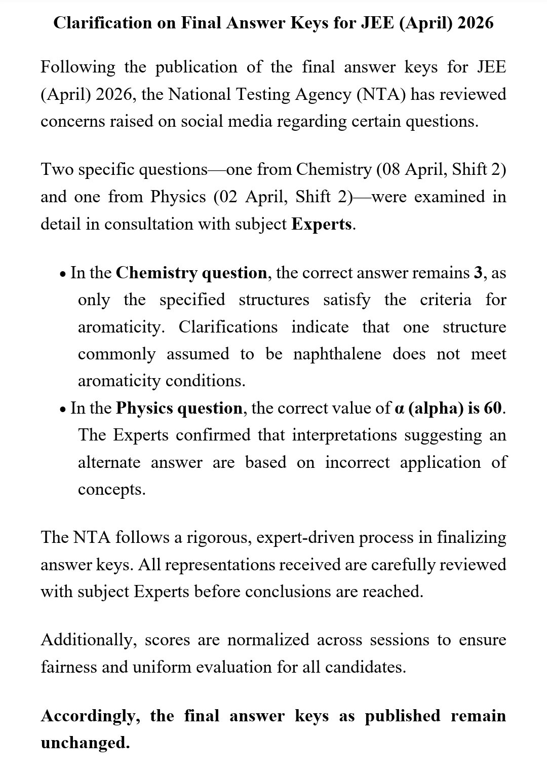 JEE Main final answer key 2026