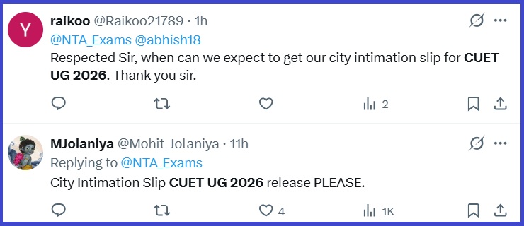 CUET Intimation Slip 2026 Tweet
