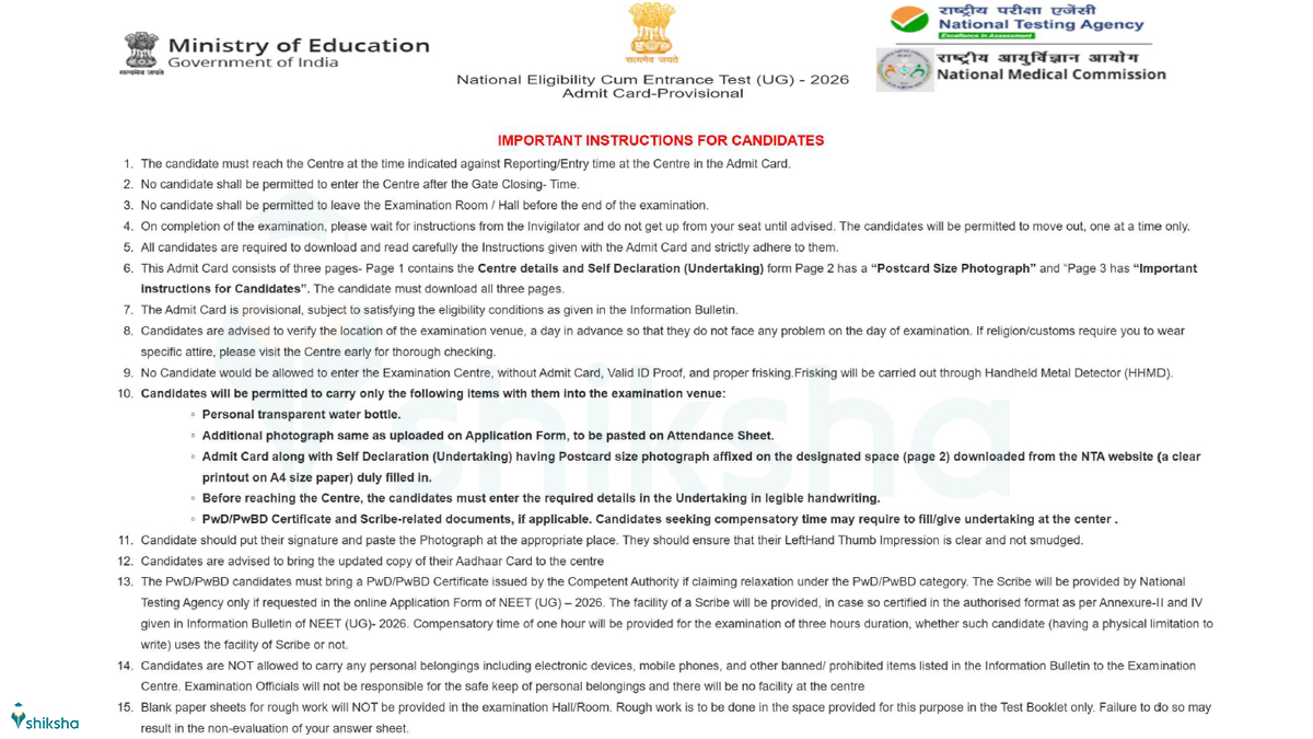 NTA NEET Exam Day Guidelines