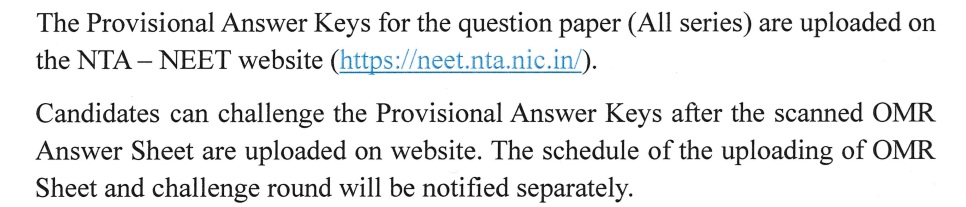 NTA Statement on NEET Answer key challenge link  & OMR Sheet