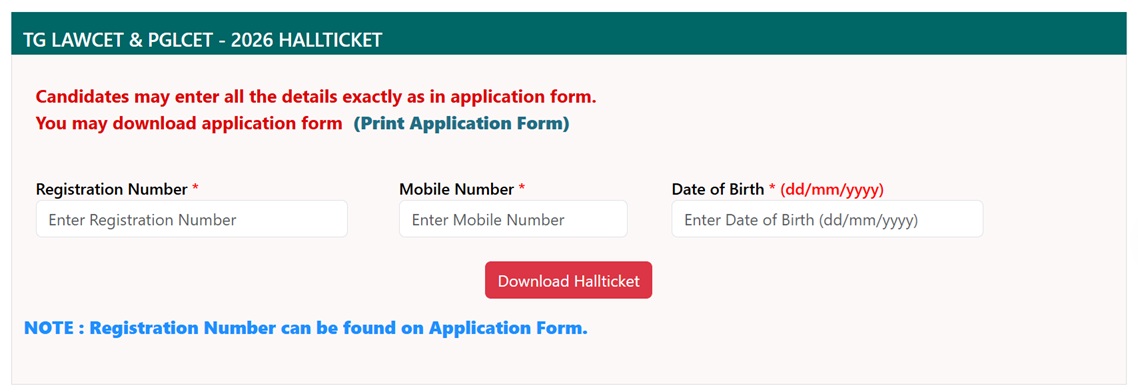 TS LAWCET Admit Card Window