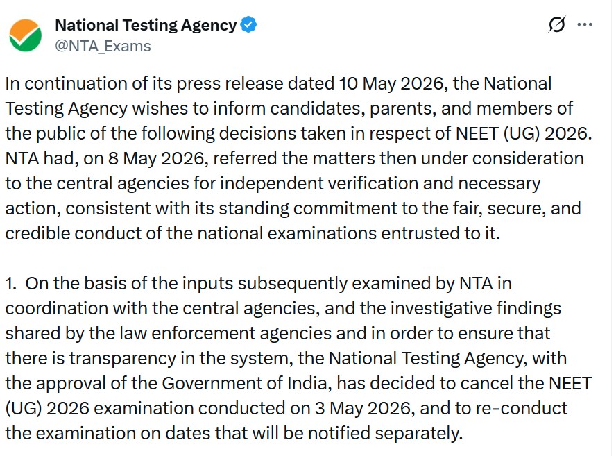 NEET UG 2026 exam cancelled