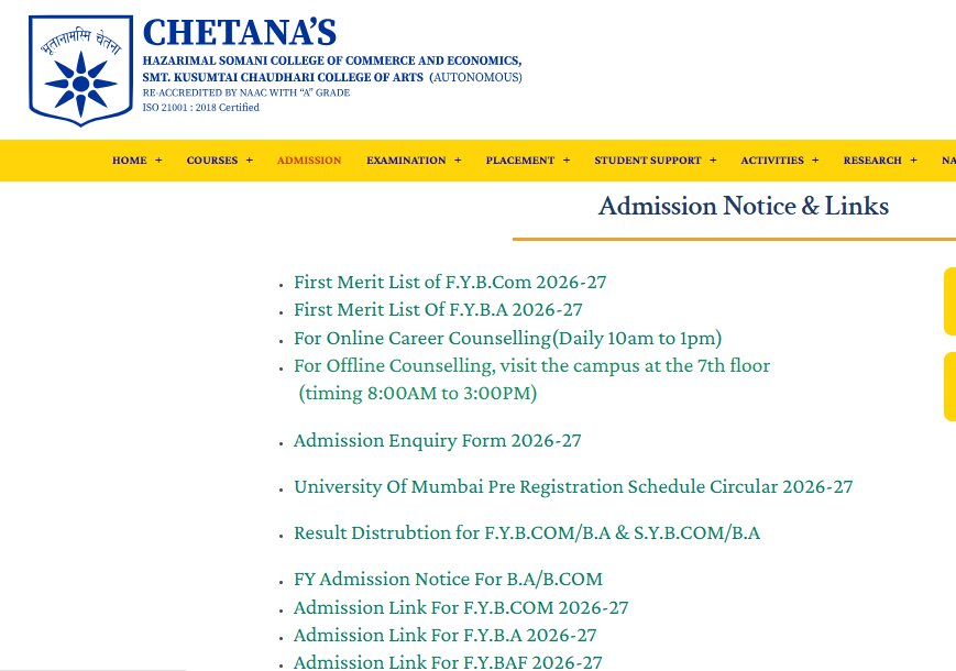 Chetna College Merit List 2026