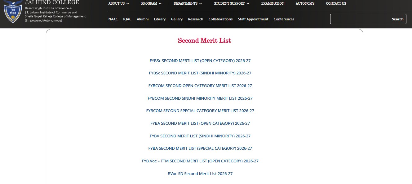 Jai Hind College Mumbai Merit List 2026