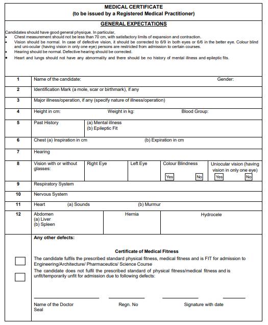 Medical Certificate for JoSAA