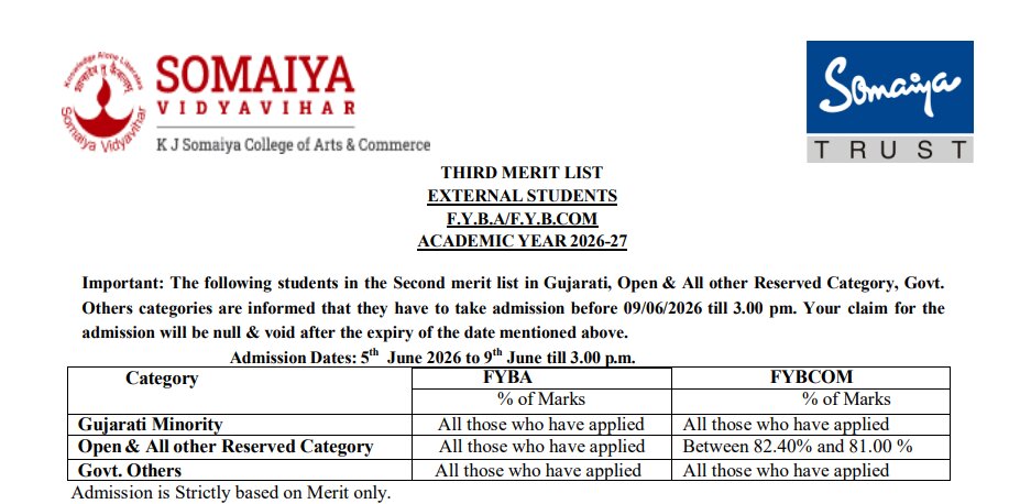 KJ Somaiya College of Arts & Commerce Third Merit List 2026