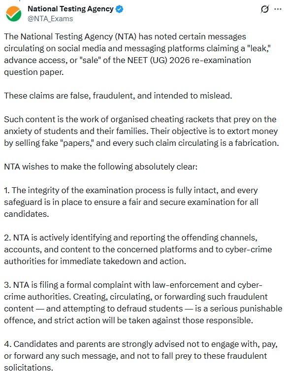 NTA statement on Re NEET Paper Leak Claims
