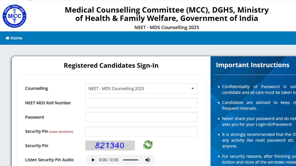 NEET MDS Counselling Registration Window