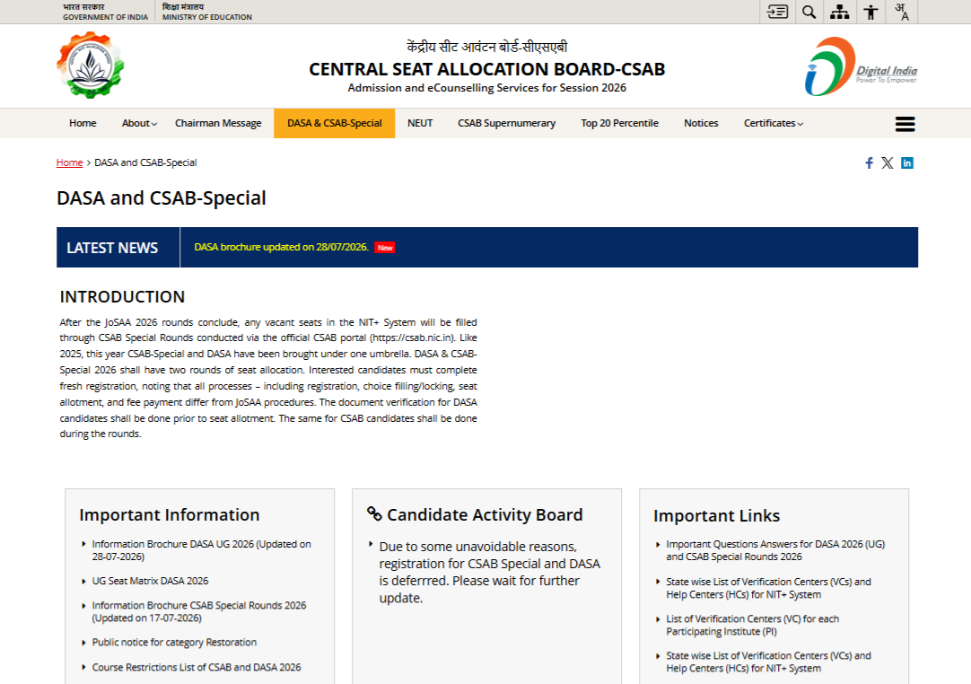 CSAB 2026 registration and choice filling date