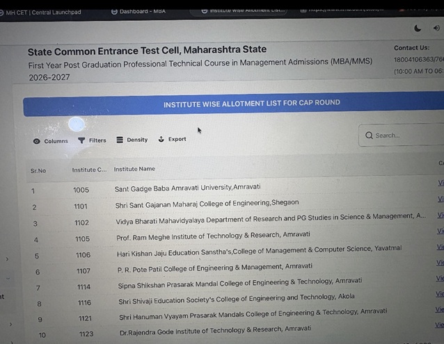 MAH MBA CAP 2026 seat allotment