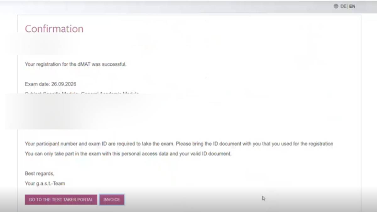 dMAT registration confirmation page
