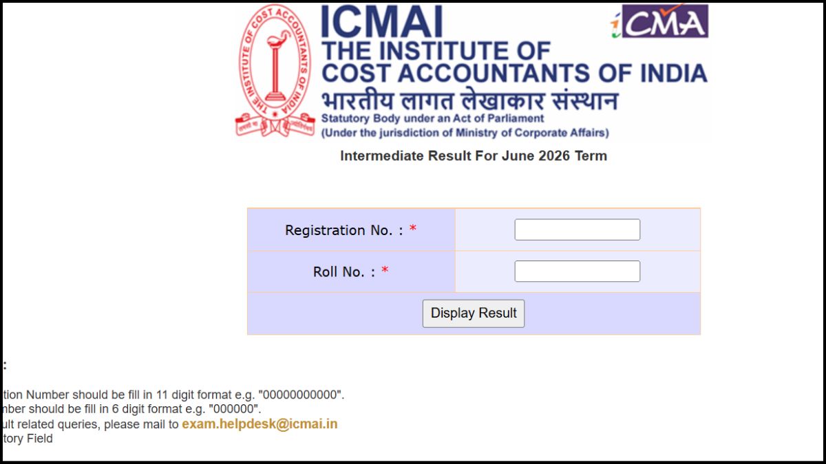 CMA Inter June 2026 Result Login Window